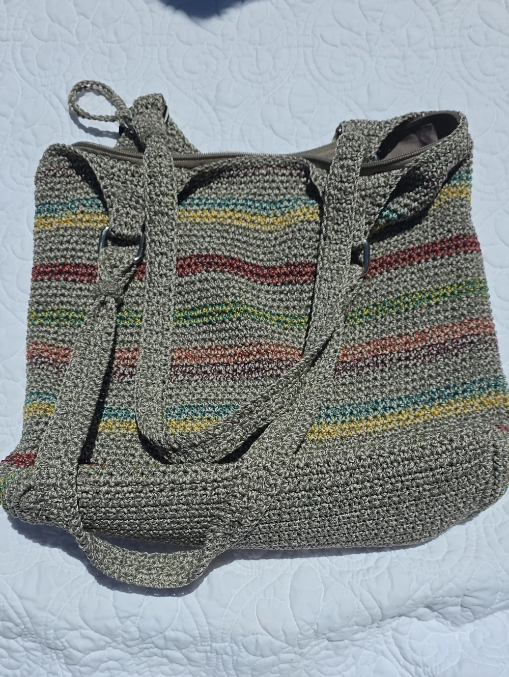 The Sak Belle Voyager Stripe Crochet Boho Hobo Shoulder Bag EUC